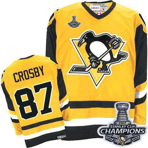 Men's CCM Pittsburgh Penguins #87 Sidney Crosby Authentic Yellow Throwback 2017 Stanley Cup Champions NHL Jersey
