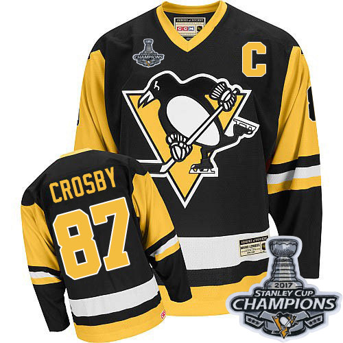Men's CCM Pittsburgh Penguins #87 Sidney Crosby Premier Black Throwback 2017 Stanley Cup Champions NHL Jersey
