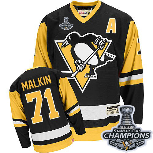 Men's CCM Pittsburgh Penguins #71 Evgeni Malkin Authentic Black Throwback 2017 Stanley Cup Champions NHL Jersey