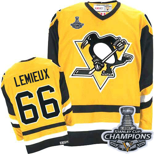 Men's CCM Pittsburgh Penguins #66 Mario Lemieux Authentic Yellow Throwback 2017 Stanley Cup Champions NHL Jersey