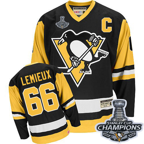 Youth CCM Pittsburgh Penguins #66 Mario Lemieux Authentic Black Throwback 2017 Stanley Cup Champions NHL Jersey