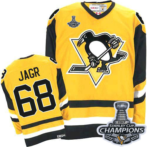 Men's CCM Pittsburgh Penguins #68 Jaromir Jagr Premier Yellow Throwback 2017 Stanley Cup Champions NHL Jersey