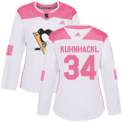 Women's Adidas Pittsburgh Penguins #34 Tom Kuhnhackl Authentic White/Pink Fashion NHL Jersey