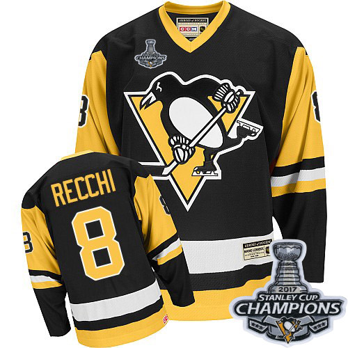Men's CCM Pittsburgh Penguins #8 Mark Recchi Premier Black Throwback 2017 Stanley Cup Champions NHL Jersey