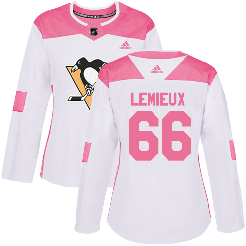 Women's Adidas Pittsburgh Penguins #66 Mario Lemieux Authentic White/Pink Fashion NHL Jersey