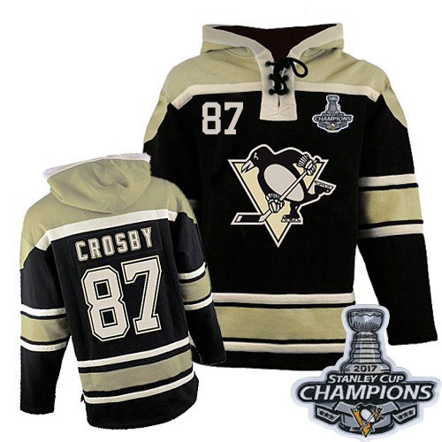 Youth Old Time Hockey Pittsburgh Penguins #87 Sidney Crosby Authentic Black Sawyer Hooded Sweatshirt 2017 Stanley Cup Champions