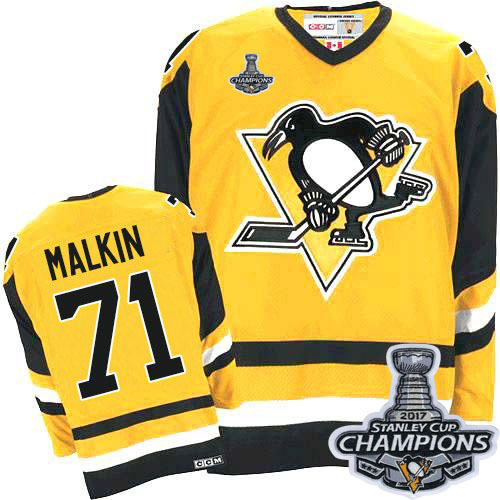 Men's CCM Pittsburgh Penguins #71 Evgeni Malkin Premier Gold Throwback 2017 Stanley Cup Champions NHL Jersey