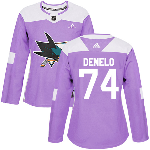 Women's Adidas San Jose Sharks #74 Dylan DeMelo Authentic Purple Fights Cancer Practice NHL Jersey