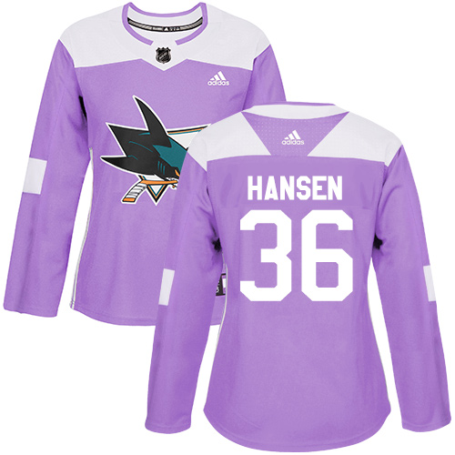 Women's Adidas San Jose Sharks #36 Jannik Hansen Authentic Purple Fights Cancer Practice NHL Jersey
