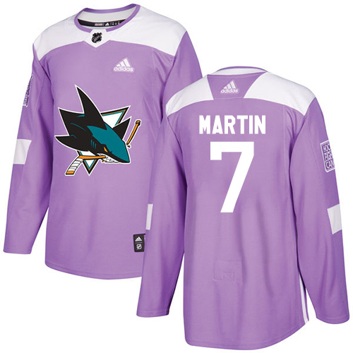 Men's Adidas San Jose Sharks #7 Paul Martin Authentic Purple Fights Cancer Practice NHL Jersey