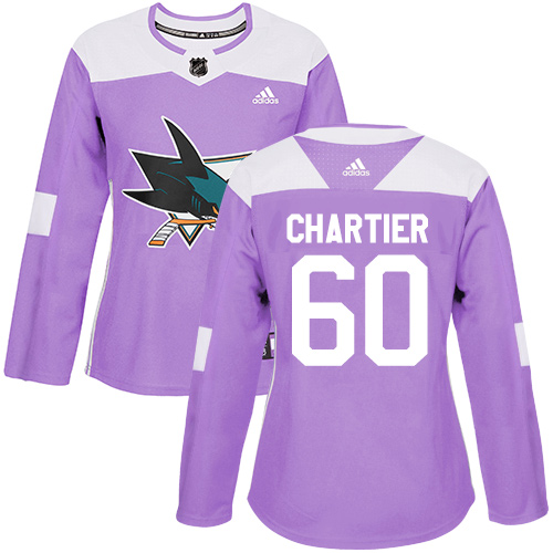 Women's Adidas San Jose Sharks #60 Rourke Chartier Authentic Purple Fights Cancer Practice NHL Jersey