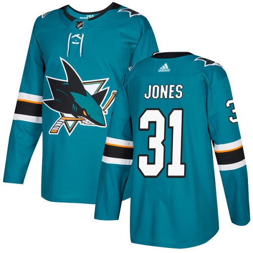 Men's Adidas San Jose Sharks #31 Martin Jones Authentic Teal Green Home NHL Jersey