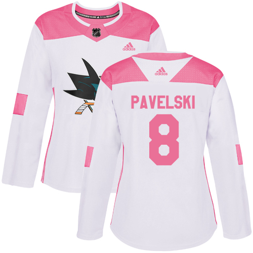 Women's Adidas San Jose Sharks #8 Joe Pavelski Authentic White/Pink Fashion NHL Jersey