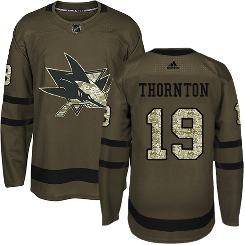 Youth Adidas San Jose Sharks #19 Joe Thornton Authentic Green Salute to Service NHL Jersey