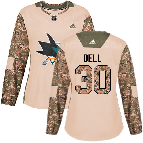 Women's Adidas San Jose Sharks #30 Aaron Dell Authentic Camo Veterans Day Practice NHL Jersey