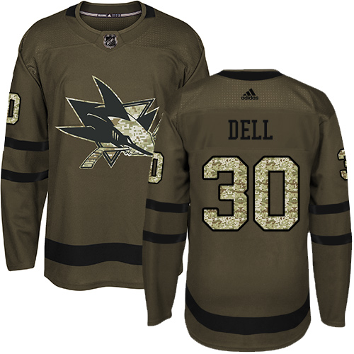 Men's Adidas San Jose Sharks #30 Aaron Dell Authentic Green Salute to Service NHL Jersey