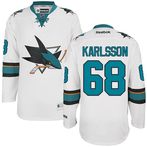 Men's Reebok San Jose Sharks #68 Melker Karlsson Authentic White Away NHL Jersey