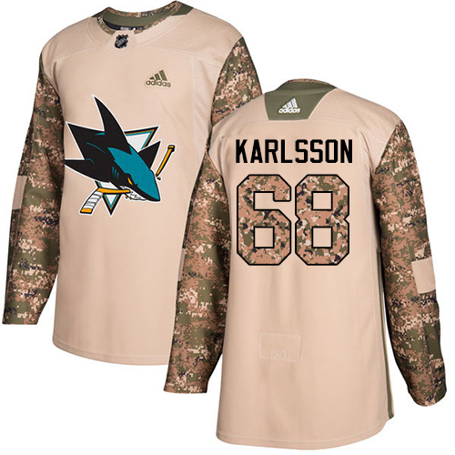 Men's Adidas San Jose Sharks #68 Melker Karlsson Authentic Camo Veterans Day Practice NHL Jersey