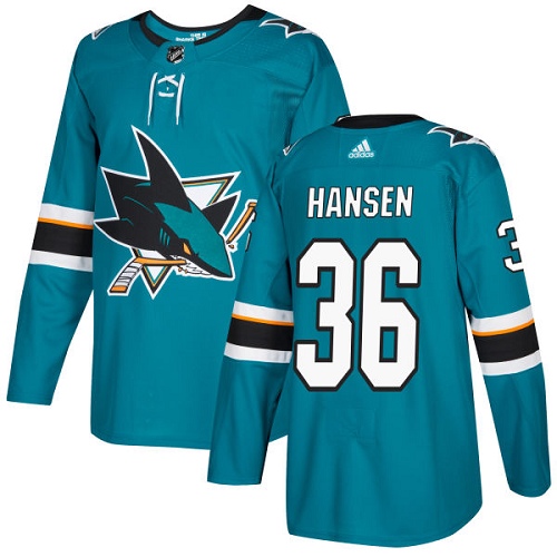 Men's Adidas San Jose Sharks #36 Jannik Hansen Authentic Teal Green Home NHL Jersey