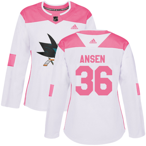 Women's Adidas San Jose Sharks #36 Jannik Hansen Authentic White/Pink Fashion NHL Jersey