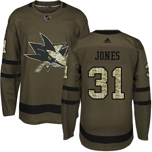 Men's Adidas San Jose Sharks #31 Martin Jones Authentic Green Salute to Service NHL Jersey