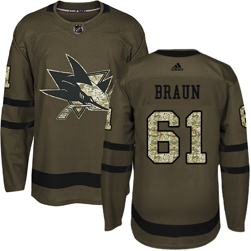 Men's Adidas San Jose Sharks #61 Justin Braun Authentic Green Salute to Service NHL Jersey