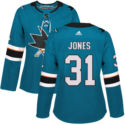 Women's Adidas San Jose Sharks #31 Martin Jones Authentic Teal Green Home NHL Jersey