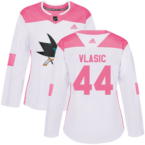 Women's Adidas San Jose Sharks #44 Marc-Edouard Vlasic Authentic White/Pink Fashion NHL Jersey