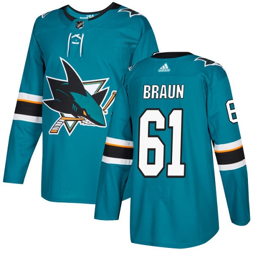 Youth Adidas San Jose Sharks #61 Justin Braun Authentic Teal Green Home NHL Jersey