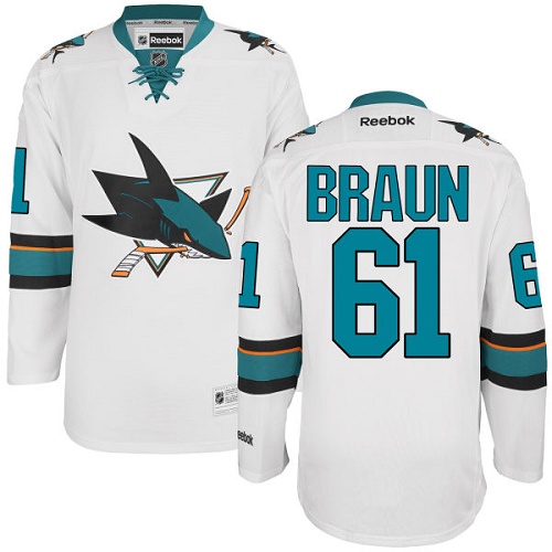 Youth Reebok San Jose Sharks #61 Justin Braun Authentic White Away NHL Jersey