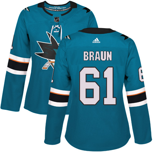 Women's Adidas San Jose Sharks #61 Justin Braun Authentic Teal Green Home NHL Jersey