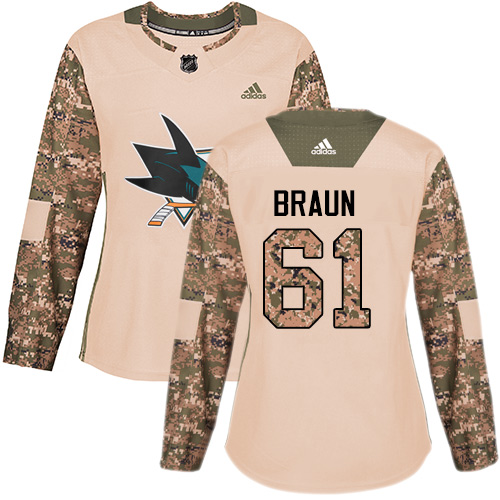 Women's Adidas San Jose Sharks #61 Justin Braun Authentic Camo Veterans Day Practice NHL Jersey