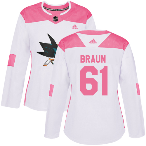 Women's Adidas San Jose Sharks #61 Justin Braun Authentic White/Pink Fashion NHL Jersey