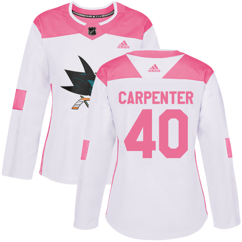 Women's Adidas San Jose Sharks #40 Ryan Carpenter Authentic White/Pink Fashion NHL Jersey