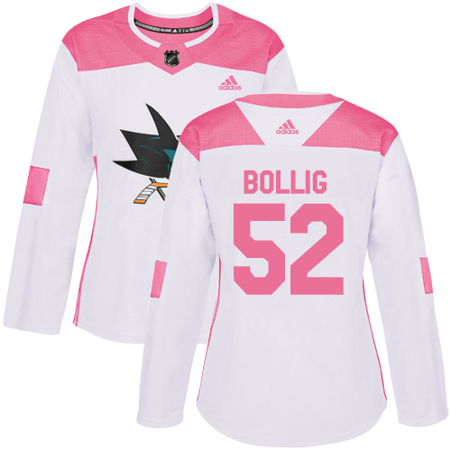 Women's Adidas San Jose Sharks #52 Brandon Bollig Authentic White/Pink Fashion NHL Jersey