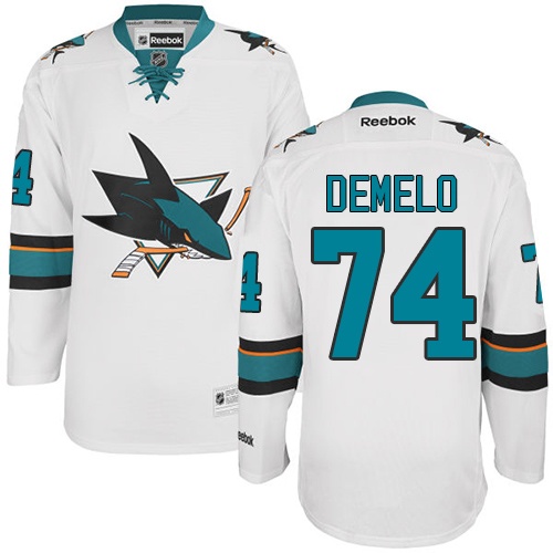 Men's Reebok San Jose Sharks #74 Dylan DeMelo Authentic White Away NHL Jersey