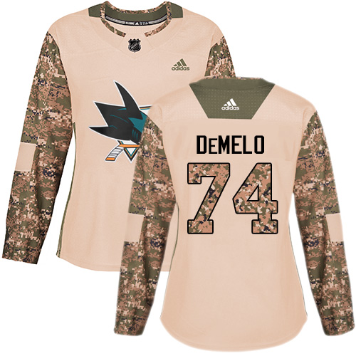 Women's Adidas San Jose Sharks #74 Dylan DeMelo Authentic Camo Veterans Day Practice NHL Jersey