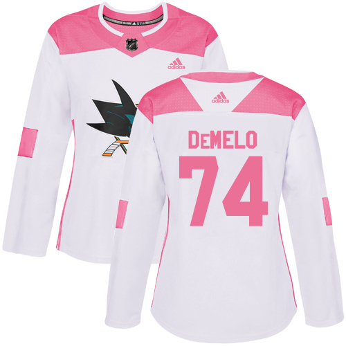 Women's Adidas San Jose Sharks #74 Dylan DeMelo Authentic White/Pink Fashion NHL Jersey