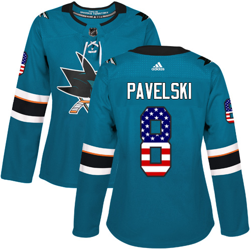 Women's Adidas San Jose Sharks #8 Joe Pavelski Authentic Teal Green USA Flag Fashion NHL Jersey