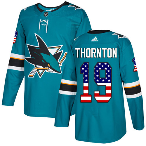 Men's Adidas San Jose Sharks #19 Joe Thornton Authentic Teal Green USA Flag Fashion NHL Jersey