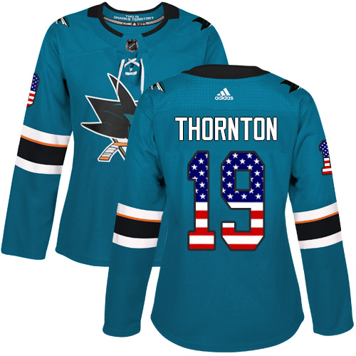 Women's Adidas San Jose Sharks #19 Joe Thornton Authentic Teal Green USA Flag Fashion NHL Jersey