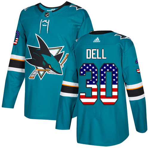 Men's Adidas San Jose Sharks #30 Aaron Dell Authentic Teal Green USA Flag Fashion NHL Jersey