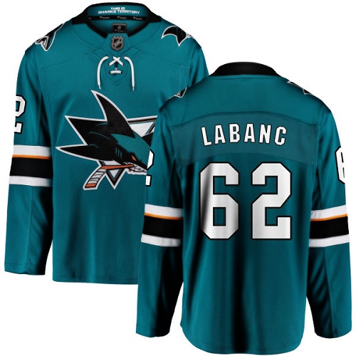 Men's San Jose Sharks #62 Kevin Labanc Fanatics Branded Teal Green Home Breakaway NHL Jersey