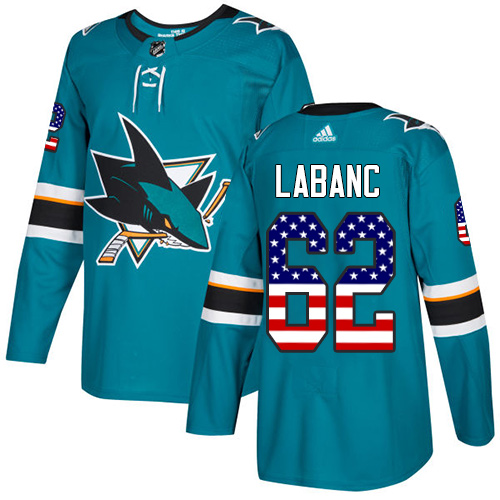Men's Adidas San Jose Sharks #62 Kevin Labanc Authentic Teal Green USA Flag Fashion NHL Jersey