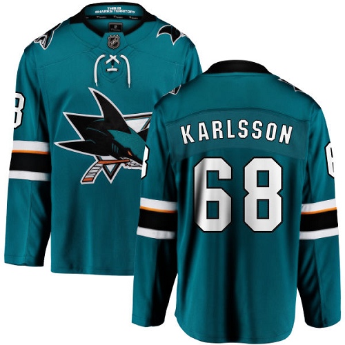 Youth San Jose Sharks #68 Melker Karlsson Fanatics Branded Teal Green Home Breakaway NHL Jersey