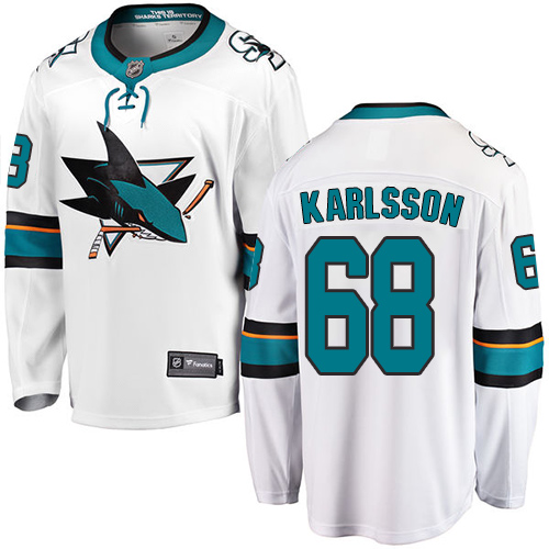 Youth San Jose Sharks #68 Melker Karlsson Fanatics Branded White Away Breakaway NHL Jersey