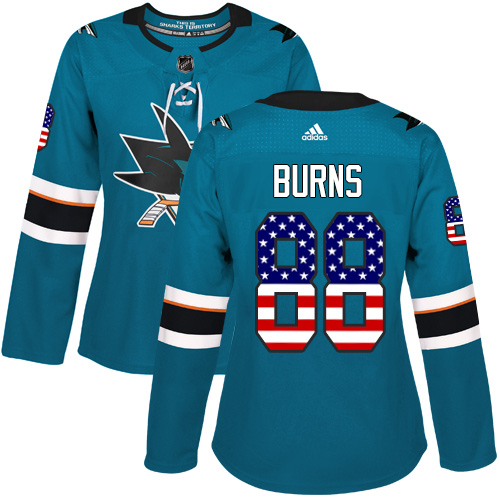 Women's Adidas San Jose Sharks #88 Brent Burns Authentic Teal Green USA Flag Fashion NHL Jersey