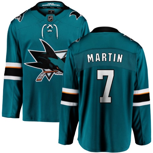 Youth San Jose Sharks #7 Paul Martin Fanatics Branded Teal Green Home Breakaway NHL Jersey
