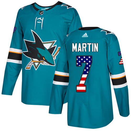 Youth Adidas San Jose Sharks #7 Paul Martin Authentic Teal Green USA Flag Fashion NHL Jersey