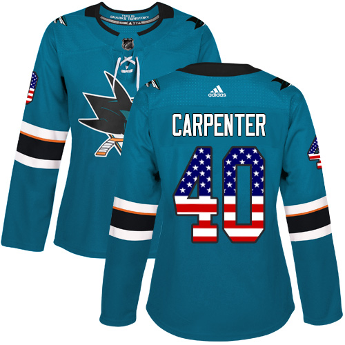 Women's Adidas San Jose Sharks #40 Ryan Carpenter Authentic Teal Green USA Flag Fashion NHL Jersey